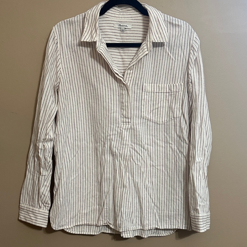 Madewell Cream and Maroon Striped Flannel Shirt